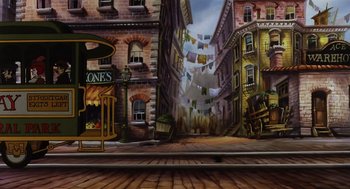 Movie still from “An American Tail” (1986), directed by Don Bluth – A painting of an alley with a bunch of laundry hanging on the line; Wide shot, Low angle
