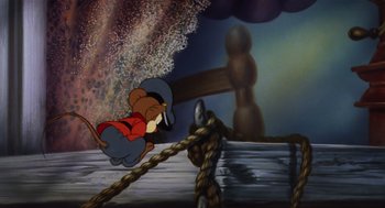 Movie still from “An American Tail” (1986), directed by Don Bluth – A mouse in a red shirt is jumping in the air in front of a ship; Wide shot, High angle