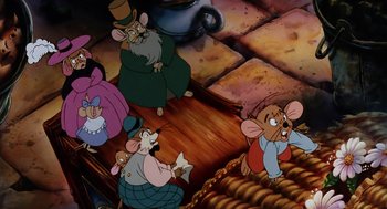 Movie still from “An American Tail” (1986), directed by Don Bluth – A cartoon character with other cartoon characters; Wide shot, High angle