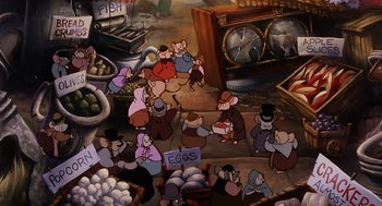 Movie still from “An American Tail” (1986), directed by Don Bluth – An animated scene of people in a market place; Wide shot, High angle