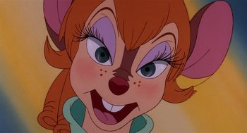 Movie still from “An American Tail” (1986), directed by Don Bluth – A cartoon character's face with blue eyes; Extreme Close Up shot, High angle