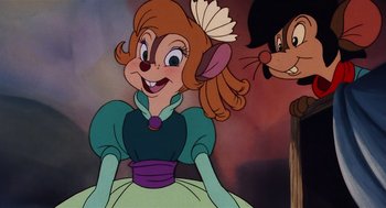 Movie still from “An American Tail” (1986), directed by Don Bluth – A cartoon character with another character in the background; Close Up shot, Over the shoulder angle