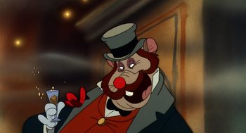 Movie still from “An American Tail” (1986), directed by Don Bluth – A cartoon character with a top hat; Close Up shot, Low angle