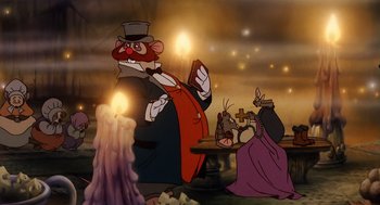 Movie still from “An American Tail” (1986), directed by Don Bluth – A cartoon of a rat wearing a top hat; Medium shot, Low angle
