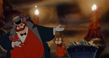 Movie still from “An American Tail” (1986), directed by Don Bluth – A man in a suit and a monkey in an orange shirt; Medium shot, Low angle