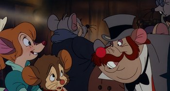 Movie still from “An American Tail” (1986), directed by Don Bluth – A group of cartoon characters are gathered together; Medium shot, Over the shoulder angle