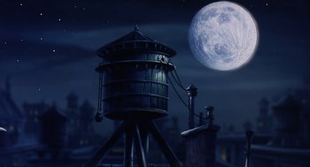 Movie still from “An American Tail” (1986), directed by Don Bluth – A water tower sitting in the middle of the night; Extreme Wide shot, Low angle