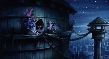 Movie still from “An American Tail” (1986), directed by Don Bluth – A painting of flowers in a bowl on a window ledge; Wide shot, Low angle