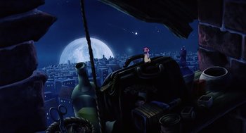 Movie still from “An American Tail” (1986), directed by Don Bluth – An image of a night scene with a full moon in the background; Extreme Wide shot, High angle