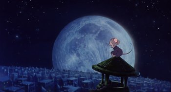 Movie still from “An American Tail” (1986), directed by Don Bluth – A mouse sitting on top of a mushroom in front of the moon; Wide shot, Low angle