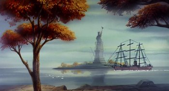 Movie still from “An American Tail” (1986), directed by Don Bluth – The statue of liberty is in the background of this painting; Extreme Wide shot, Low angle