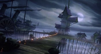 Movie still from “An American Tail” (1986), directed by Don Bluth – An image of a pirate ship in the middle of the night; Extreme Wide shot, Low angle