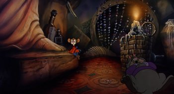 Movie still from “An American Tail” (1986), directed by Don Bluth – A mouse sitting on a pillow in a room; Wide shot, High angle