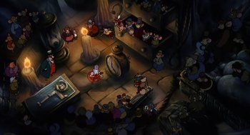 Movie still from “An American Tail” (1986), directed by Don Bluth – An overhead view of a group of people gathered around a clock; Wide shot, High angle