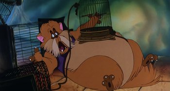 Movie still from “An American Tail” (1986), directed by Don Bluth – A cartoon of an animal with a cage on its back; Medium shot, Low angle