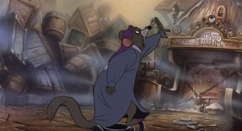 Movie still from “An American Tail” (1986), directed by Don Bluth – A cartoon of a rat wearing a robe and holding a bird; Wide shot, Low angle