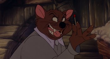 Movie still from “An American Tail” (1986), directed by Don Bluth – A picture of a cartoon character with a cigarette in his mouth; Close Up shot, Over the shoulder angle