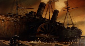 Movie still from “An American Tail” (1986), directed by Don Bluth – An artistic painting of an old steam engine; Extreme Wide shot, Low angle