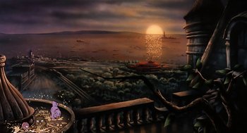 Movie still from “An American Tail” (1986), directed by Don Bluth – An oil painting of a sunset over the ocean; Extreme Wide shot, High angle