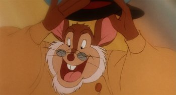 Movie still from “An American Tail” (1986), directed by Don Bluth – A cartoon character's face; Close Up shot, Low angle