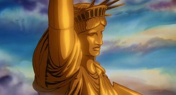 Movie still from “An American Tail” (1986), directed by Don Bluth – A painting of the statue of liberty in the sky; Wide shot, Low angle