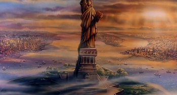 Movie still from “An American Tail” (1986), directed by Don Bluth – The statue of liberty stands in the middle of a large body of water; Extreme Wide shot, Low angle