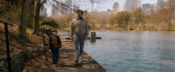 Movie still from “Anchorman 2: The Legend Continues” (2013), directed by Adam McKay – A man and a boy walking along a river; Wide shot, Over the shoulder angle