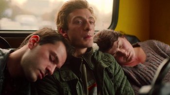 Movie still from “And Then We Danced” (2019), directed by Levan Akin – Three men sleeping on a bus together; Close Up shot, Low angle