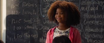Movie still from “Annie” (2014), directed by Will Gluck – A young girl standing in front of a chalkboard; Close Up shot, Over the shoulder angle
