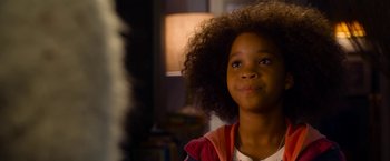 Movie still from “Annie” (2014), directed by Will Gluck – A little girl is looking up at the sky; Close Up shot, Over the shoulder angle
