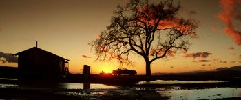 Movie still from “Armageddon” (1998), directed by Michael Bay – A car is parked in front of a tree at sunset; Extreme Wide shot, Low angle