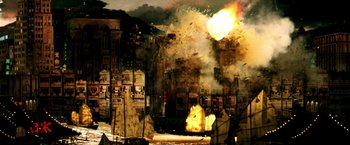 Movie still from “Armageddon” (1998), directed by Michael Bay – An image of an explosion in a city setting; Extreme Wide shot, High angle