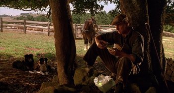 Movie still from “Babe” (1995), directed by Chris Noonan – A man sitting under a tree with a dog in the background; Wide shot, Low angle