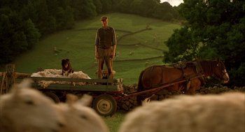 Movie still from “Babe” (1995), directed by Chris Noonan – A man standing on the back of a horse drawn carriage; Wide shot, Low angle