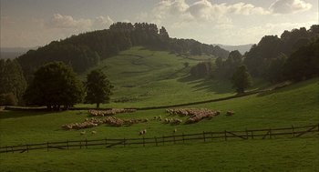 Movie still from “Babe” (1995), directed by Chris Noonan – A herd of sheep grazing on a lush green hillside; Extreme Wide shot, High angle