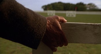 Movie still from “Babe” (1995), directed by Chris Noonan – A man's hand is on a fence in a field; Extreme Close Up shot, Low angle