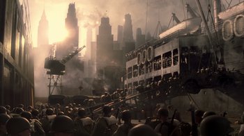 Movie still from “Band of Brothers” (2001), directed by David Frankel – A crowd of people standing around a train; Extreme Wide shot, High angle
