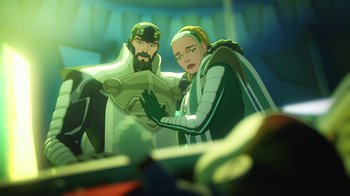 Movie still from “Batman and Superman: Battle of the Super Sons” (2022), directed by Matt Peters – A man and a woman standing next to each other; Medium shot, Over the shoulder angle