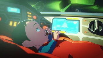 Movie still from “Batman and Superman: Battle of the Super Sons” (2022), directed by Matt Peters – A child is sitting in a bed looking at a computer screen; Medium shot, Overhead angle
