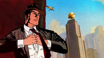 Movie still from “Batman and Superman: Battle of the Super Sons” (2022), directed by Matt Peters – A cartoon of a man in a suit and tie; Medium shot, Low angle