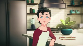 Movie still from “Batman and Superman: Battle of the Super Sons” (2022), directed by Matt Peters – An animated boy is standing in a kitchen; Medium shot, Over the shoulder angle