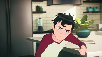 Movie still from “Batman and Superman: Battle of the Super Sons” (2022), directed by Matt Peters – An animated boy sitting at a counter in a kitchen; Medium shot, Over the shoulder angle