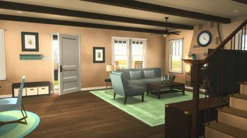 Movie still from “Batman and Superman: Battle of the Super Sons” (2022), directed by Matt Peters – An image of a living room scene with a couch and a chair; Extreme Wide shot, High angle