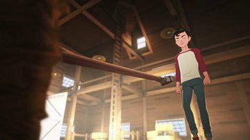 Movie still from “Batman and Superman: Battle of the Super Sons” (2022), directed by Matt Peters – An animated man holding onto a wooden pole; Wide shot, Low angle