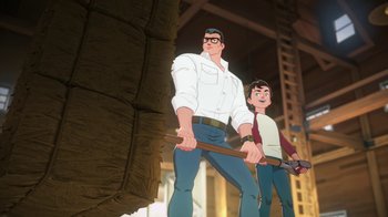 Movie still from “Batman and Superman: Battle of the Super Sons” (2022), directed by Matt Peters – Two cartoon characters standing next to each other; Wide shot, Low angle
