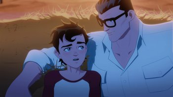 Movie still from “Batman and Superman: Battle of the Super Sons” (2022), directed by Matt Peters – A man and a boy standing next to each other; Medium shot, Over the shoulder angle