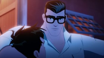 Movie still from “Batman and Superman: Battle of the Super Sons” (2022), directed by Matt Peters – A man with glasses is looking at the camera; Medium shot, Over the shoulder angle