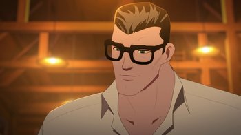Movie still from “Batman and Superman: Battle of the Super Sons” (2022), directed by Matt Peters – An animated picture of a man wearing glasses; Close Up shot, Over the shoulder angle