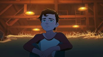 Movie still from “Batman and Superman: Battle of the Super Sons” (2022), directed by Matt Peters – A boy is standing in the dark with his arms crossed; Medium shot, Low angle