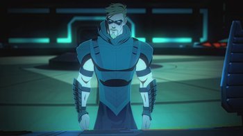 Movie still from “Batman and Superman: Battle of the Super Sons” (2022), directed by Matt Peters – A man in a blue outfit standing in front of a wall; Medium shot, Over the shoulder angle